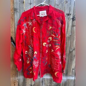 Johnny Was Red Mandarin Collar Long Sleeve Button Down Shirt